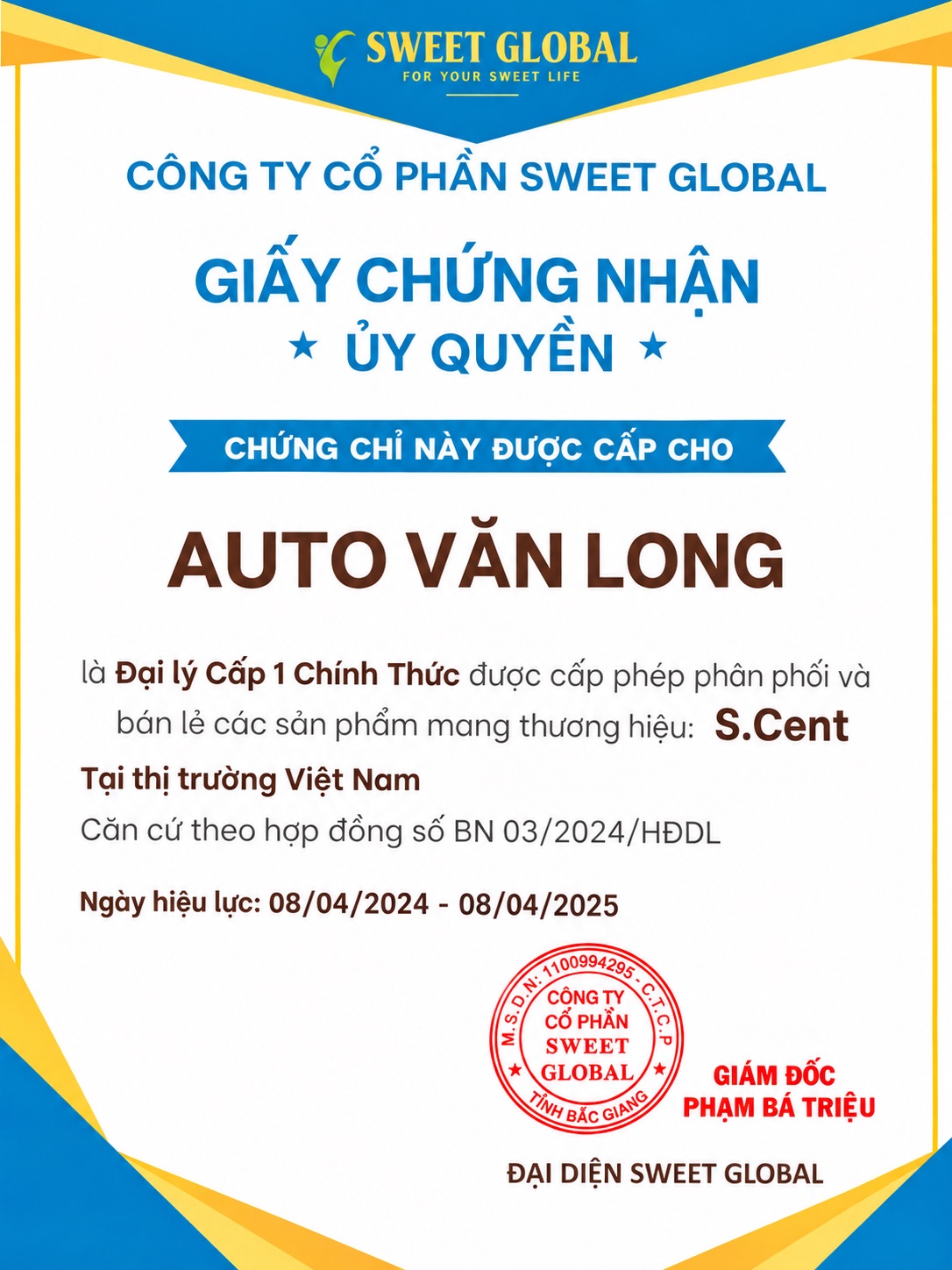 Giấy chứng nhận ủy quyền S.Cent cho Văn Long Auto